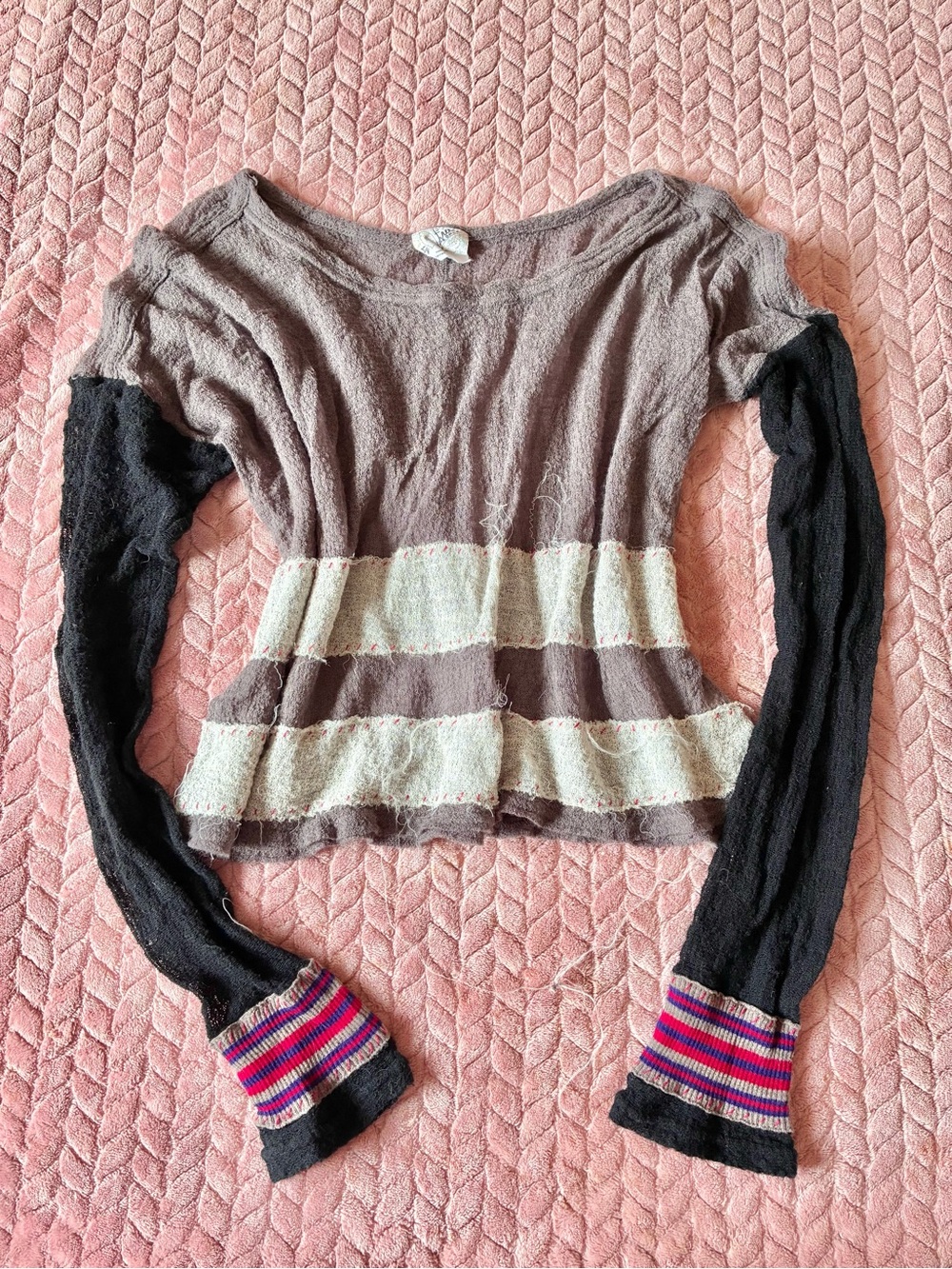 Vintage Y2K Free People Distressed Striped Gauze Open Knit Top L